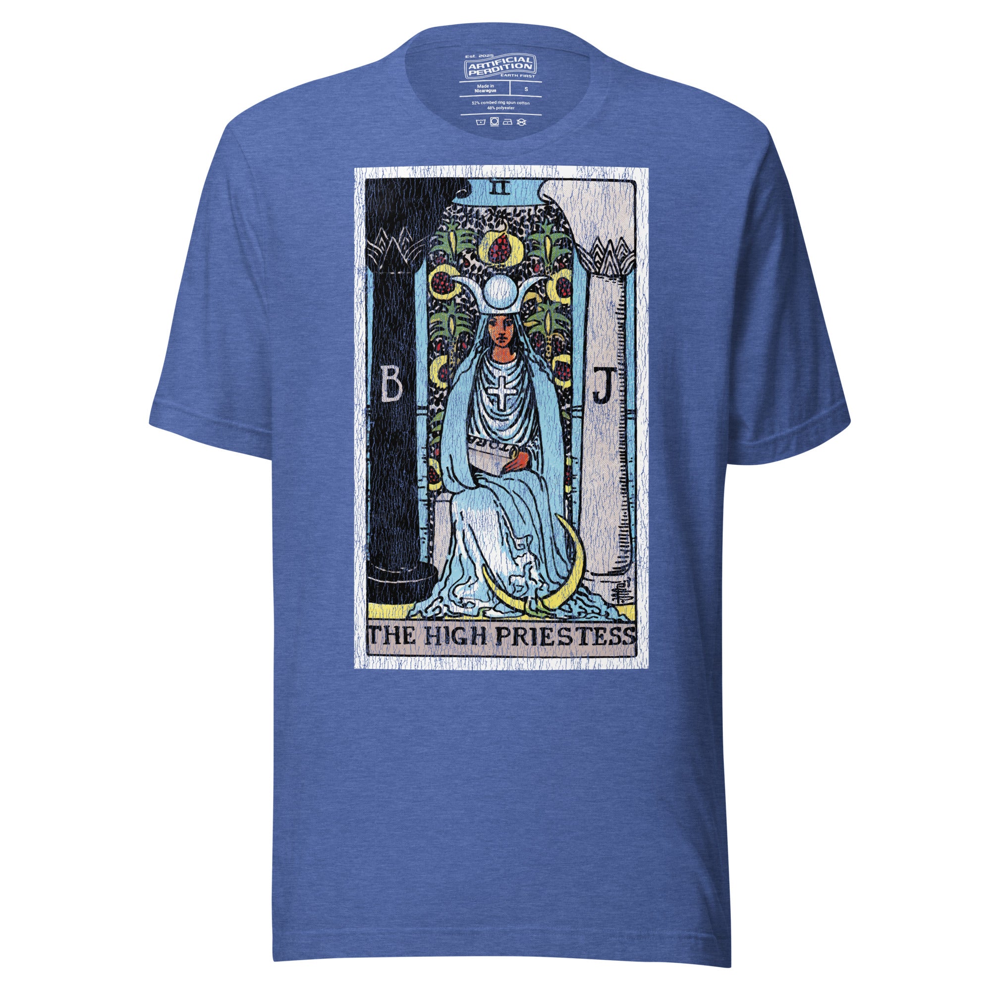 The High Priestess tarot card, robed figure seated between two pillars with scroll and crescent moon, Rider-Waite style, Artificial Perdition