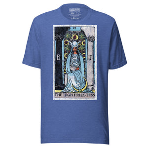The High Priestess tarot card, robed figure seated between two pillars with scroll and crescent moon, Rider-Waite style, Artificial Perdition