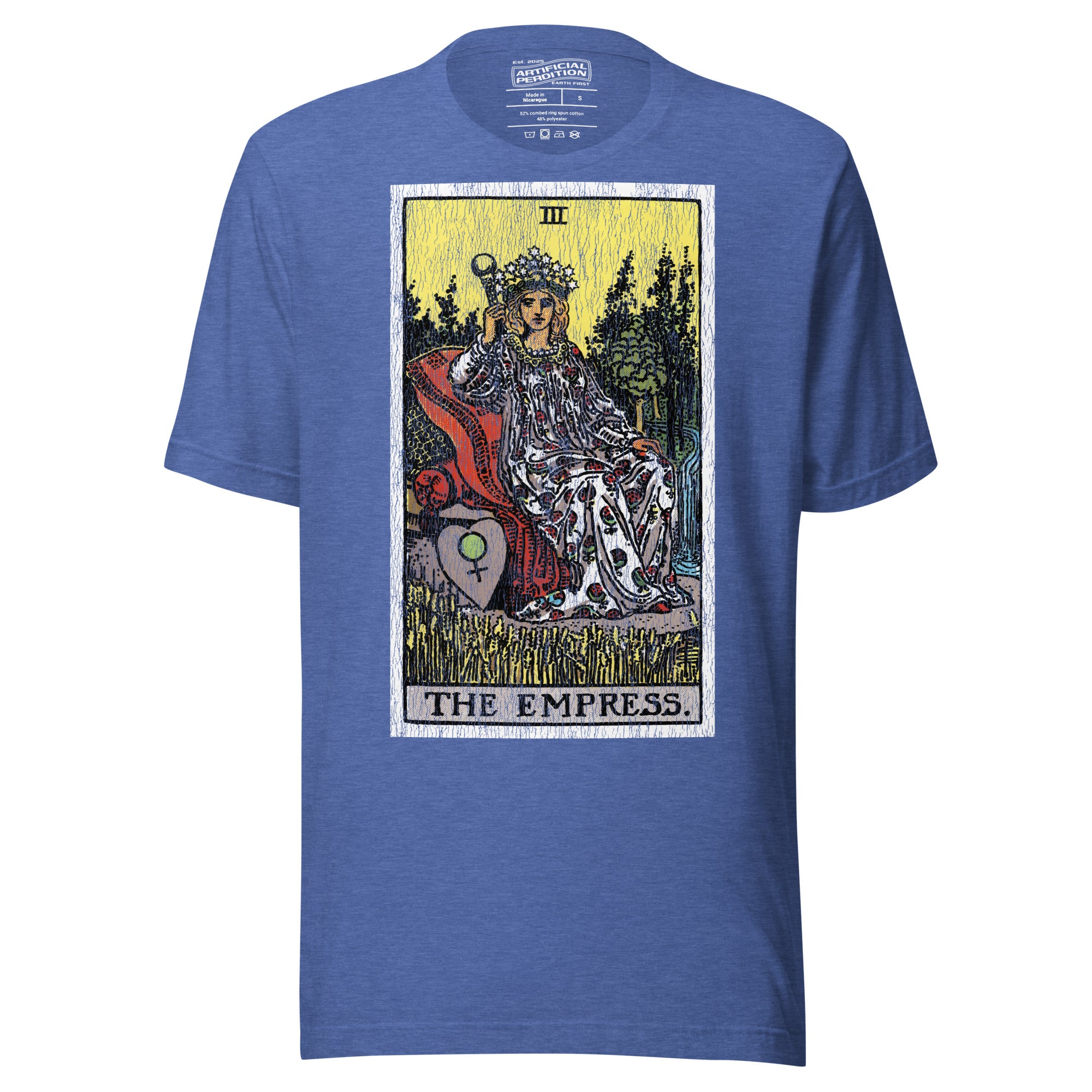 The Empress tarot card, crowned figure enthroned with Venus shield and scepter, wheat field and forest behind her, Rider-Waite style, Artificial Perdition