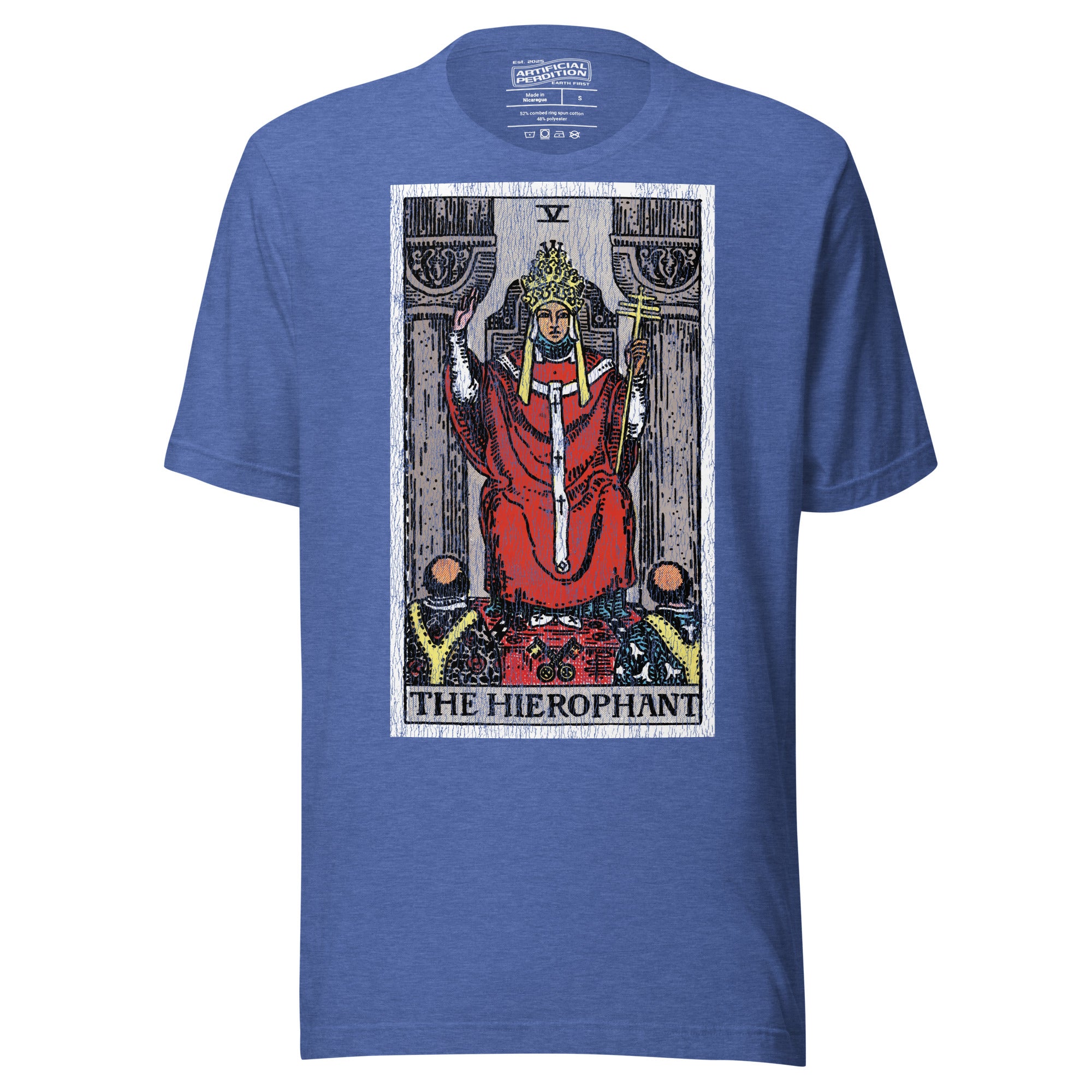 The Hierophant tarot card, triple-crowned figure seated between pillars with crossed keys and kneeling acolytes, Rider-Waite style, Artificial Perdition
