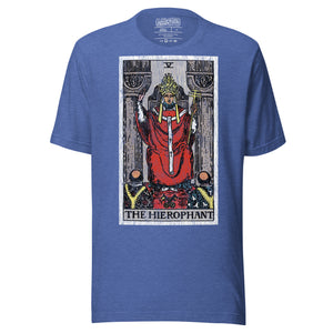 The Hierophant tarot card, triple-crowned figure seated between pillars with crossed keys and kneeling acolytes, Rider-Waite style, Artificial Perdition