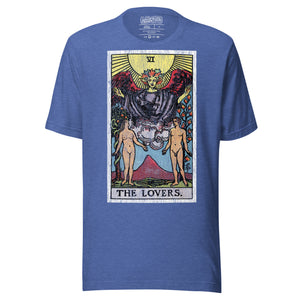 The Lovers tarot card, unveiled man and woman beneath winged figure with Tree of Life and serpent-wrapped Tree of Knowledge, Rider-Waite style, Artificial Perdition