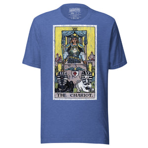The Chariot tarot card, armored figure with starred crown riding chariot drawn by black and white sphinxes, city walls behind, Rider-Waite style, Artificial Perdition