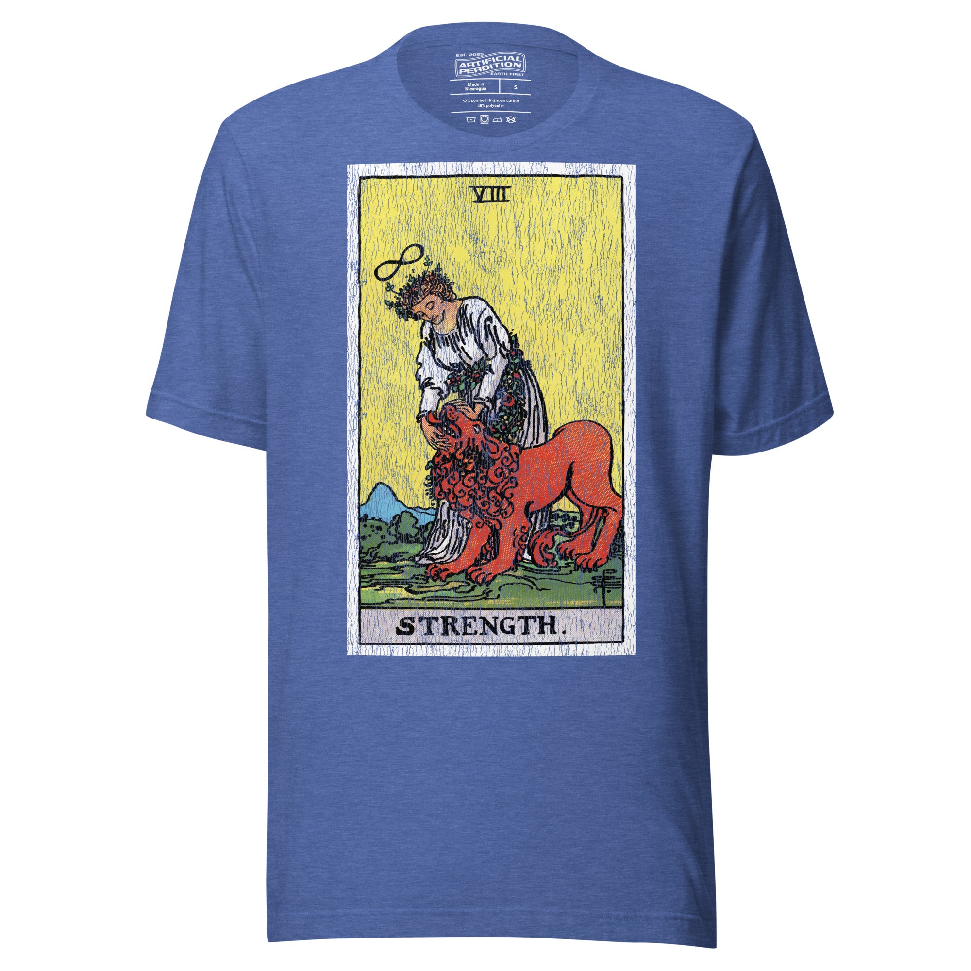 Card eight. The lion is already subdued, led by a chain of flowers. Strength is the quiet kind — fortitude, not force. Rider-Waite tarot apparel.