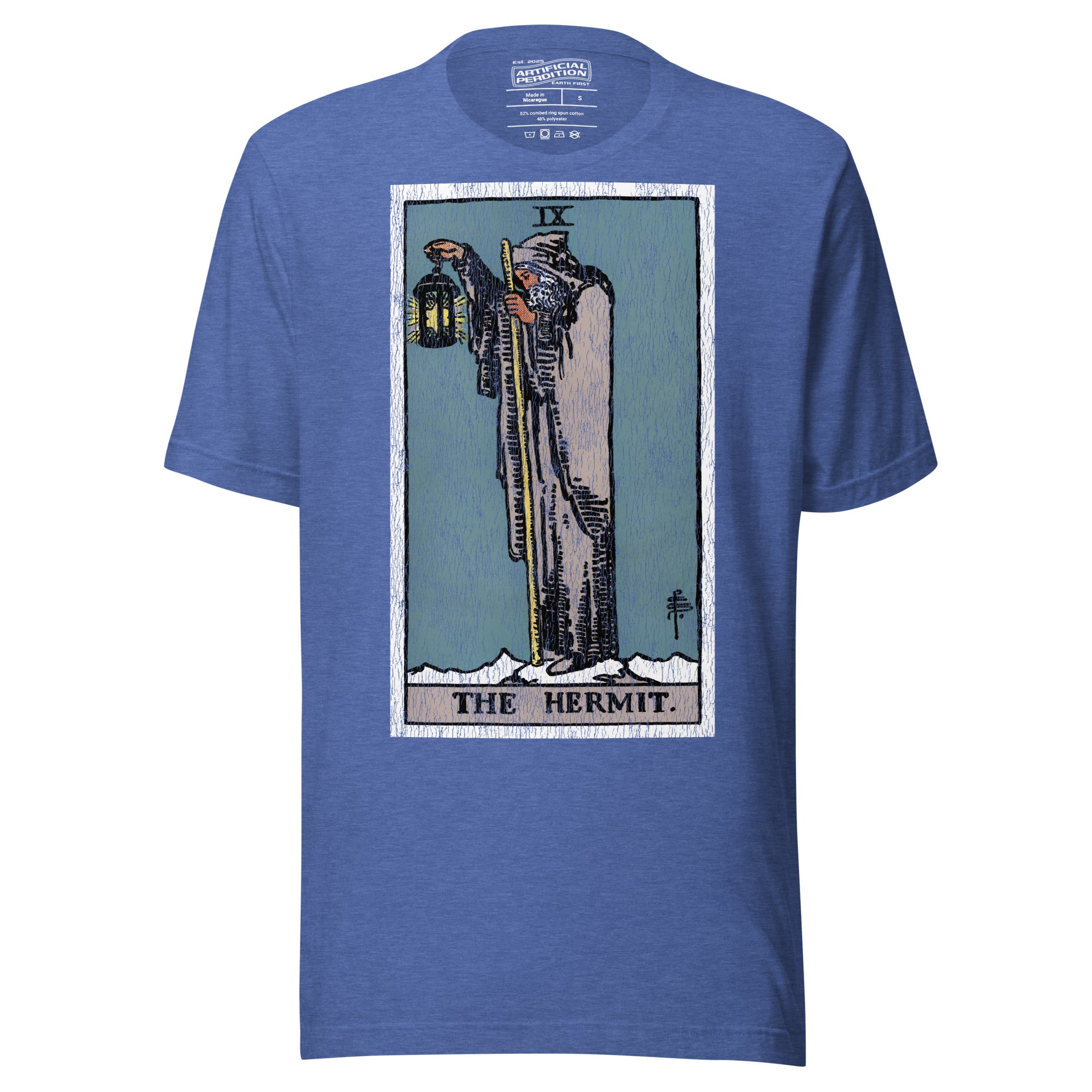 The Hermit tarot card, hooded robed figure on snowy summit holding a staff and lantern with star inside, Rider-Waite style, Artificial Perdition