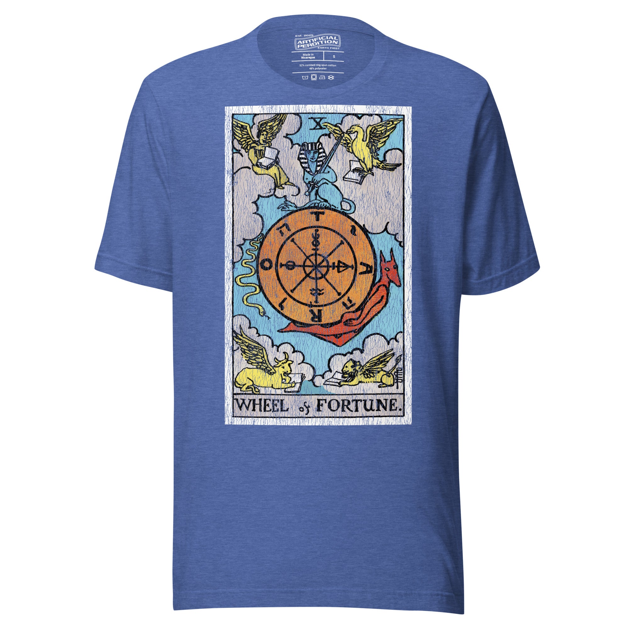 Wheel of Fortune tarot card, sphinx atop a turning wheel flanked by four creatures, Rider-Waite style, Artificial Perdition