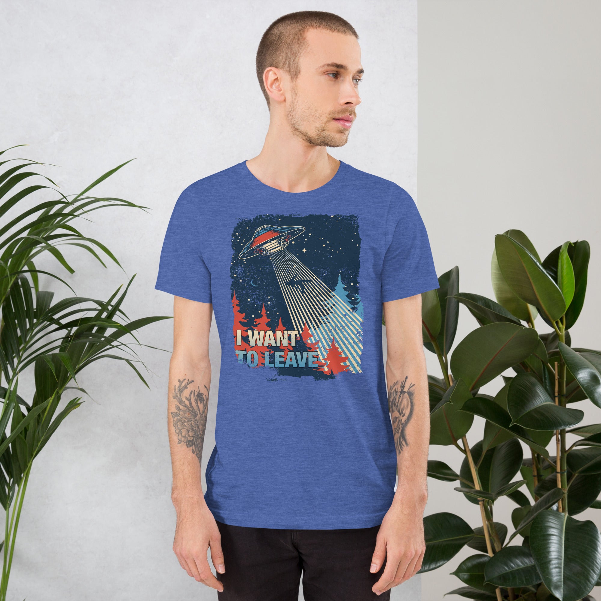 Retro poster style UFO beaming down into a midnight forest with I WANT TO LEAVE text, red and blue palette, Artificial Perdition apparel