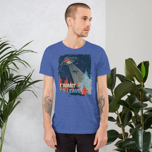 Retro poster style UFO beaming down into a midnight forest with I WANT TO LEAVE text, red and blue palette, Artificial Perdition apparel