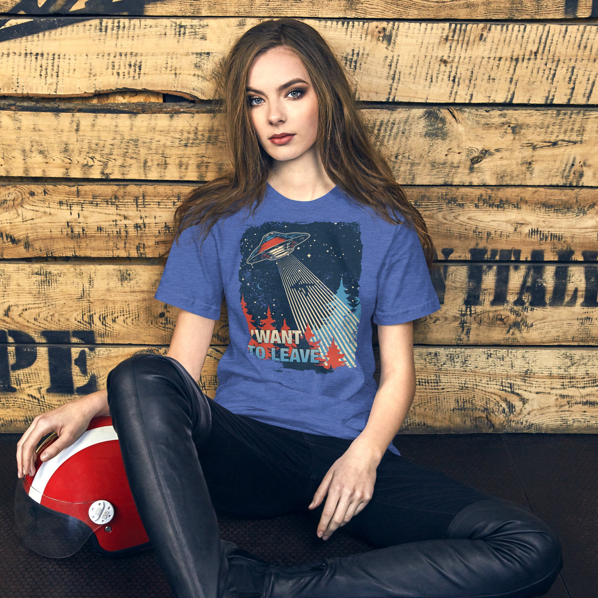 Retro poster style UFO beaming down into a midnight forest with I WANT TO LEAVE text, red and blue palette, Artificial Perdition apparel