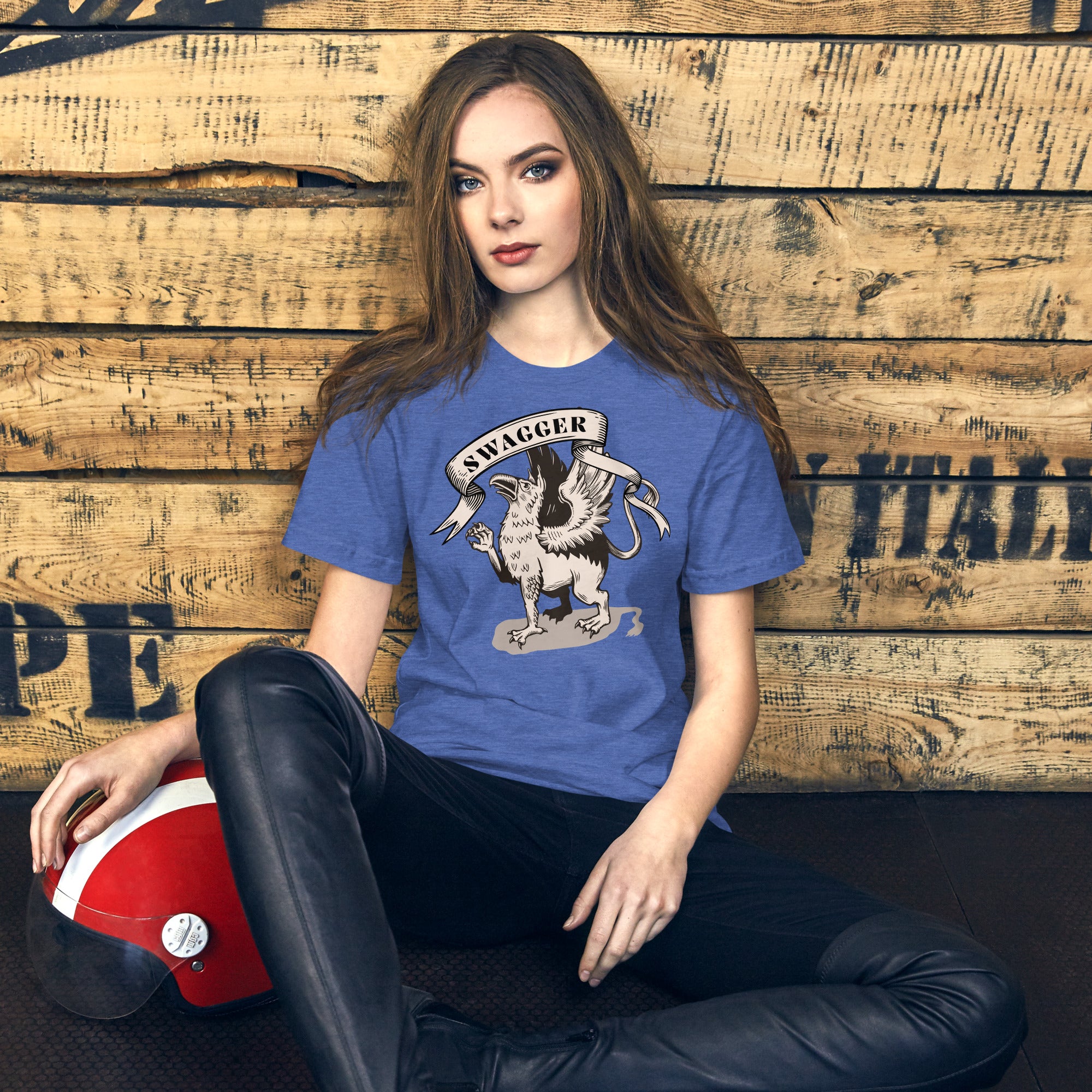 Rampant griffin in heraldic engraving style with Swagger banner ribbon, cream and black illustration, Artificial Perdition apparel
