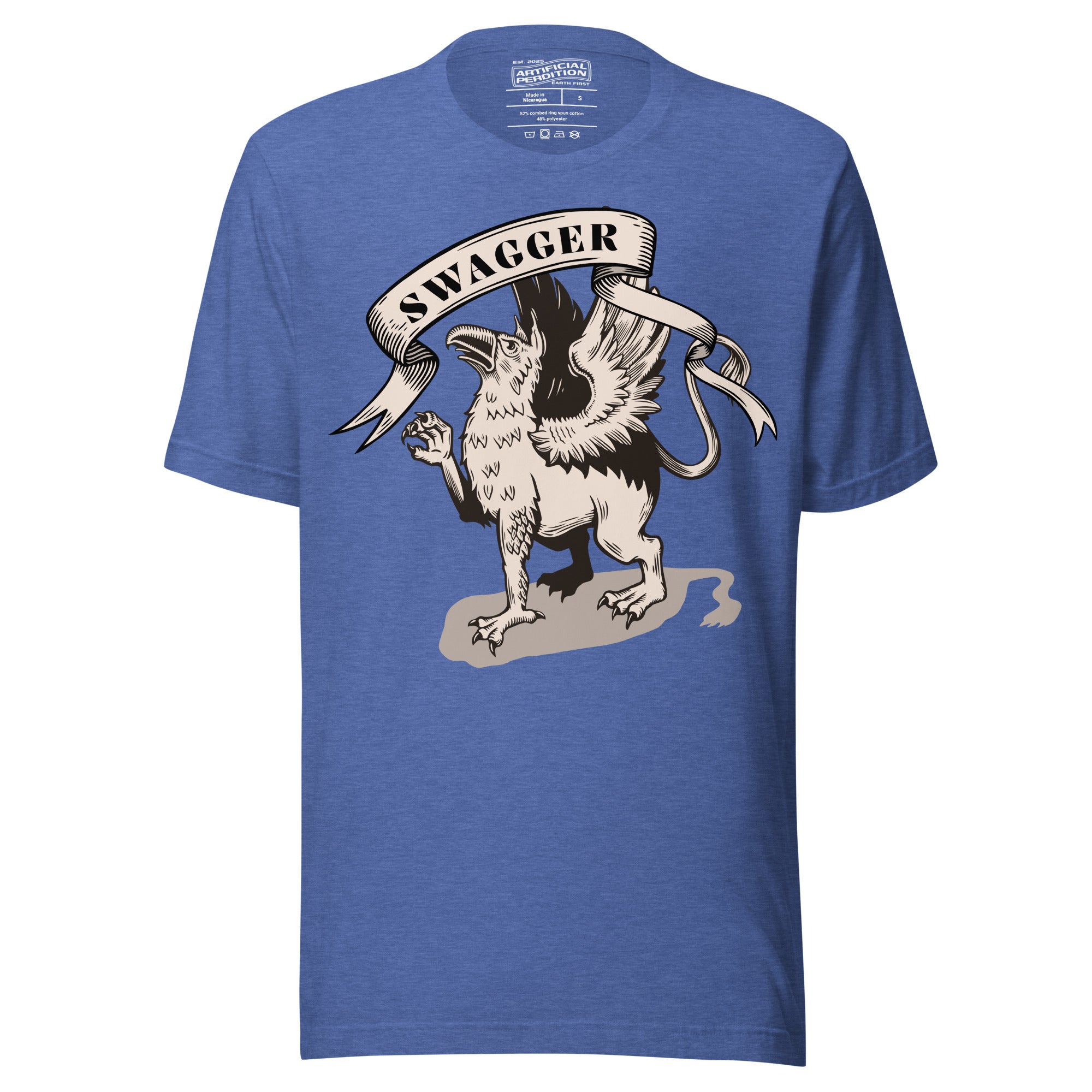 Rampant griffin in heraldic engraving style with Swagger banner ribbon, cream and black illustration, Artificial Perdition apparel
