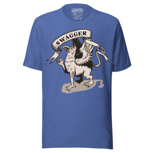 Rampant griffin in heraldic engraving style with Swagger banner ribbon, cream and black illustration, Artificial Perdition apparel
