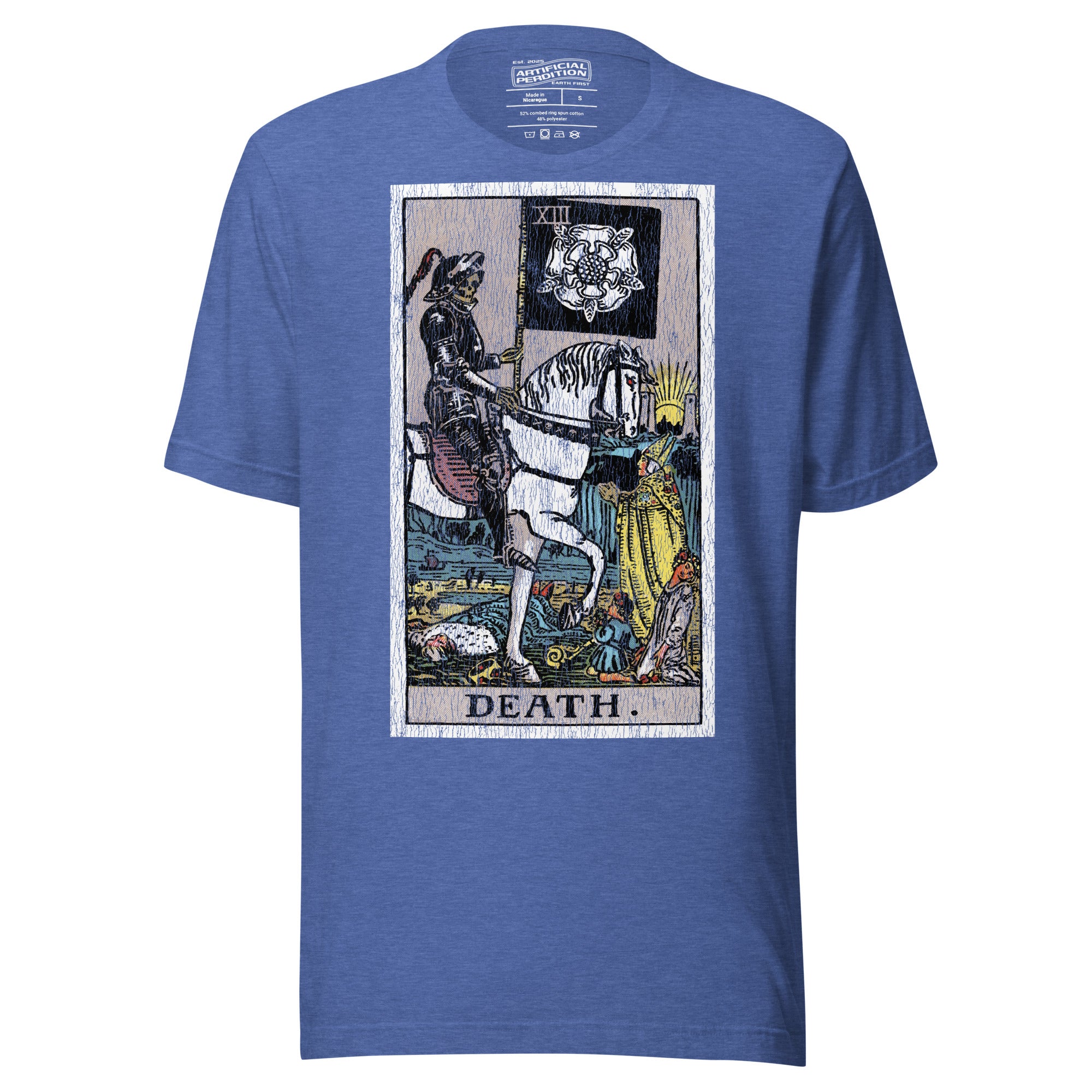 Death tarot card, skeletal horseman with black banner and white rose, figures fallen before him and sun rising on horizon, Rider-Waite style, Artificial Perdition