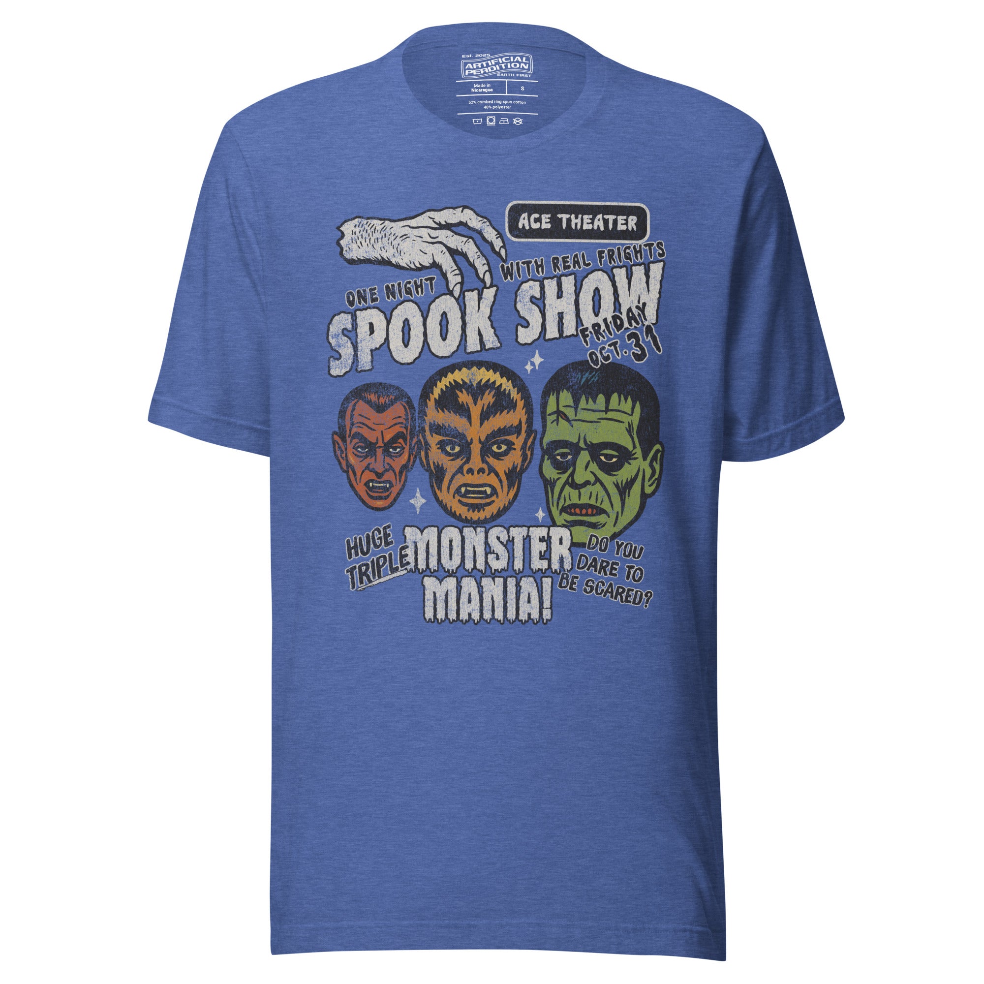 Vintage spook show poster front print with three classic monster faces, Ace Theater and Monster Mania text, distressed style on black, Artificial Perdition apparel
