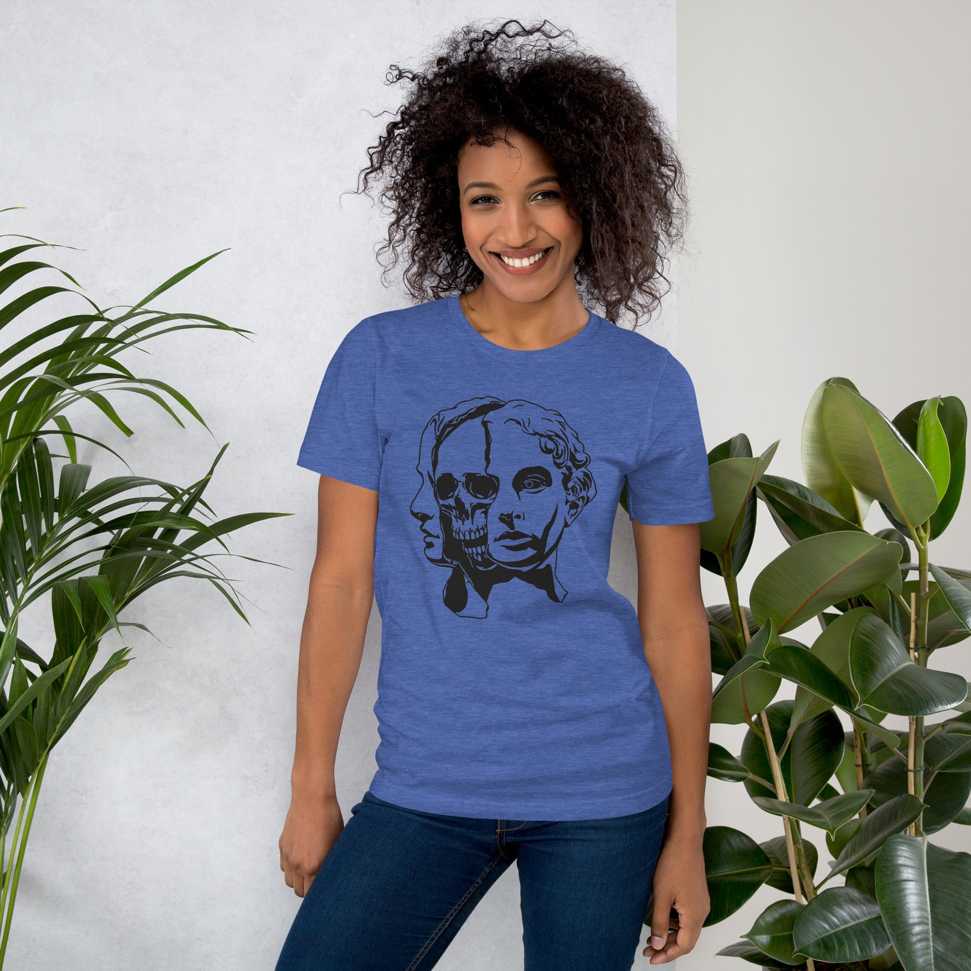 Split face illustration, half classical sculpture bust and half skull, black and white high contrast, Dead Inside, Artificial Perdition apparel