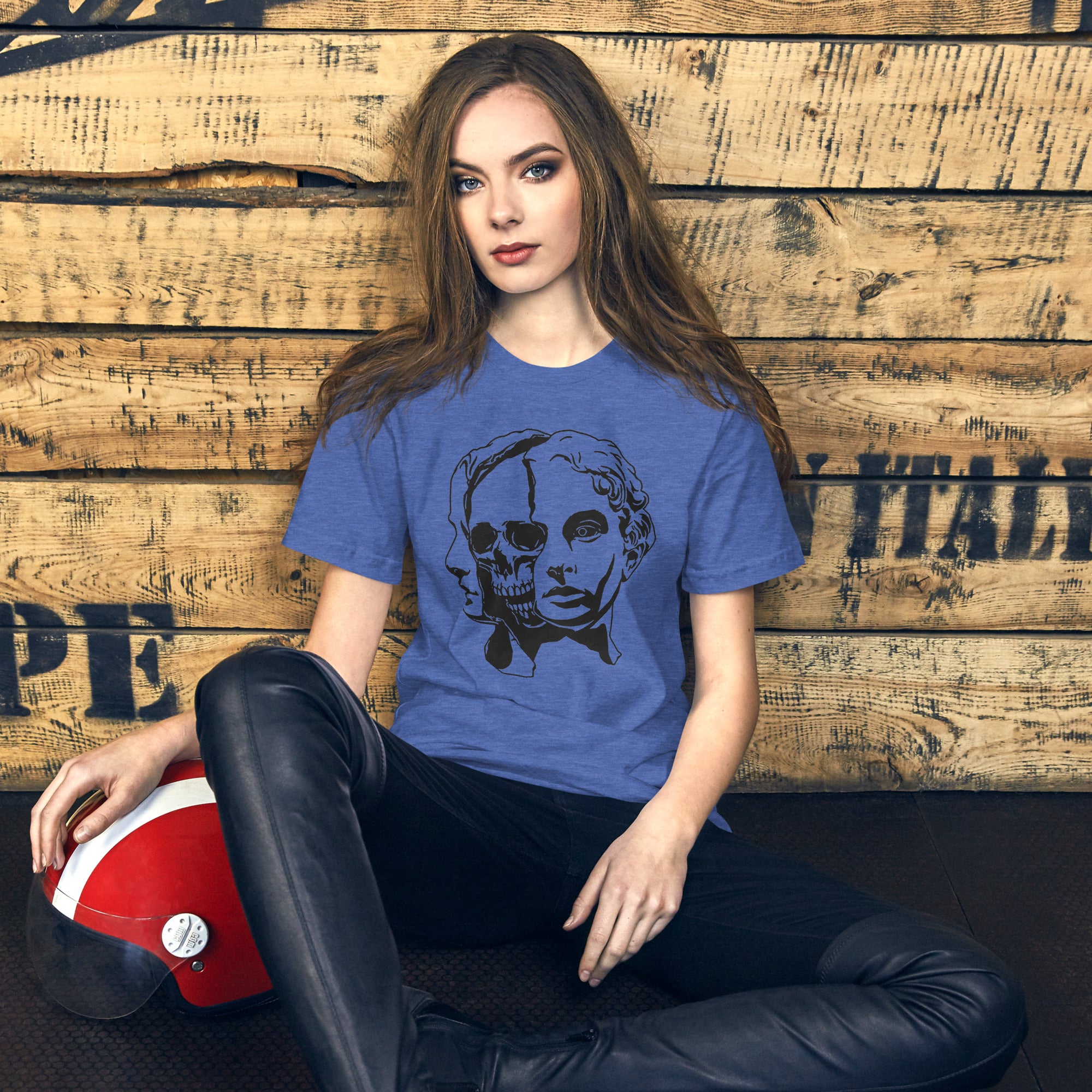 Split face illustration, half classical sculpture bust and half skull, black and white high contrast, Dead Inside, Artificial Perdition apparel