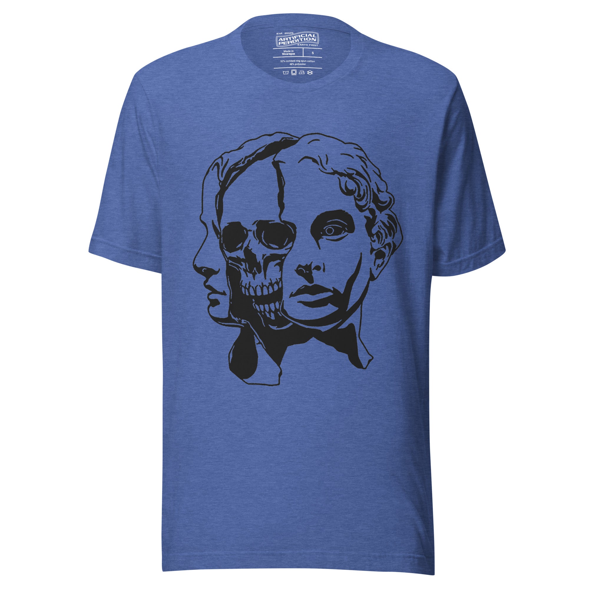 Split face illustration, half classical sculpture bust and half skull, black and white high contrast, Dead Inside, Artificial Perdition apparel