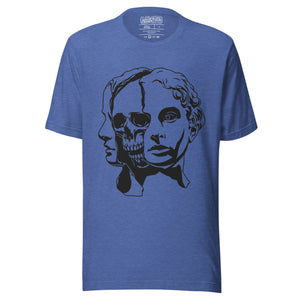 Split face illustration, half classical sculpture bust and half skull, black and white high contrast, Dead Inside, Artificial Perdition apparel
