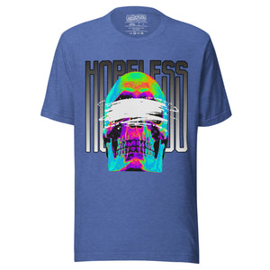 Blindfolded skull in thermal heat-map colors with bold chrome HOPELESS text, psychological horror design, Artificial Perdition apparel