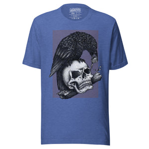 Graphite illustration of a black corvid perched on a human skull removing the eye, sprouting branch beside it, Last Look, Artificial Perdition apparel