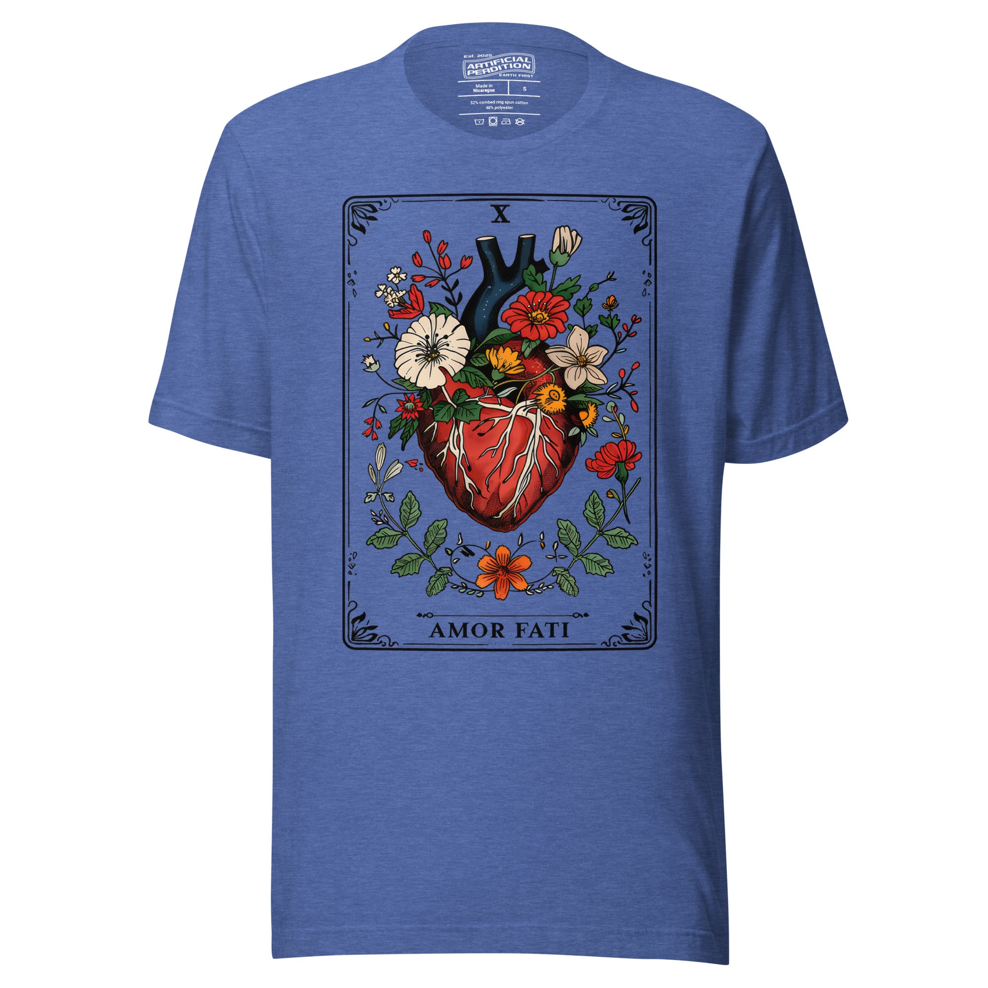 Tarot card illustration numbered X with an anatomical heart in bloom surrounded by wildflowers and vines, Amor Fati, Artificial Perdition apparel