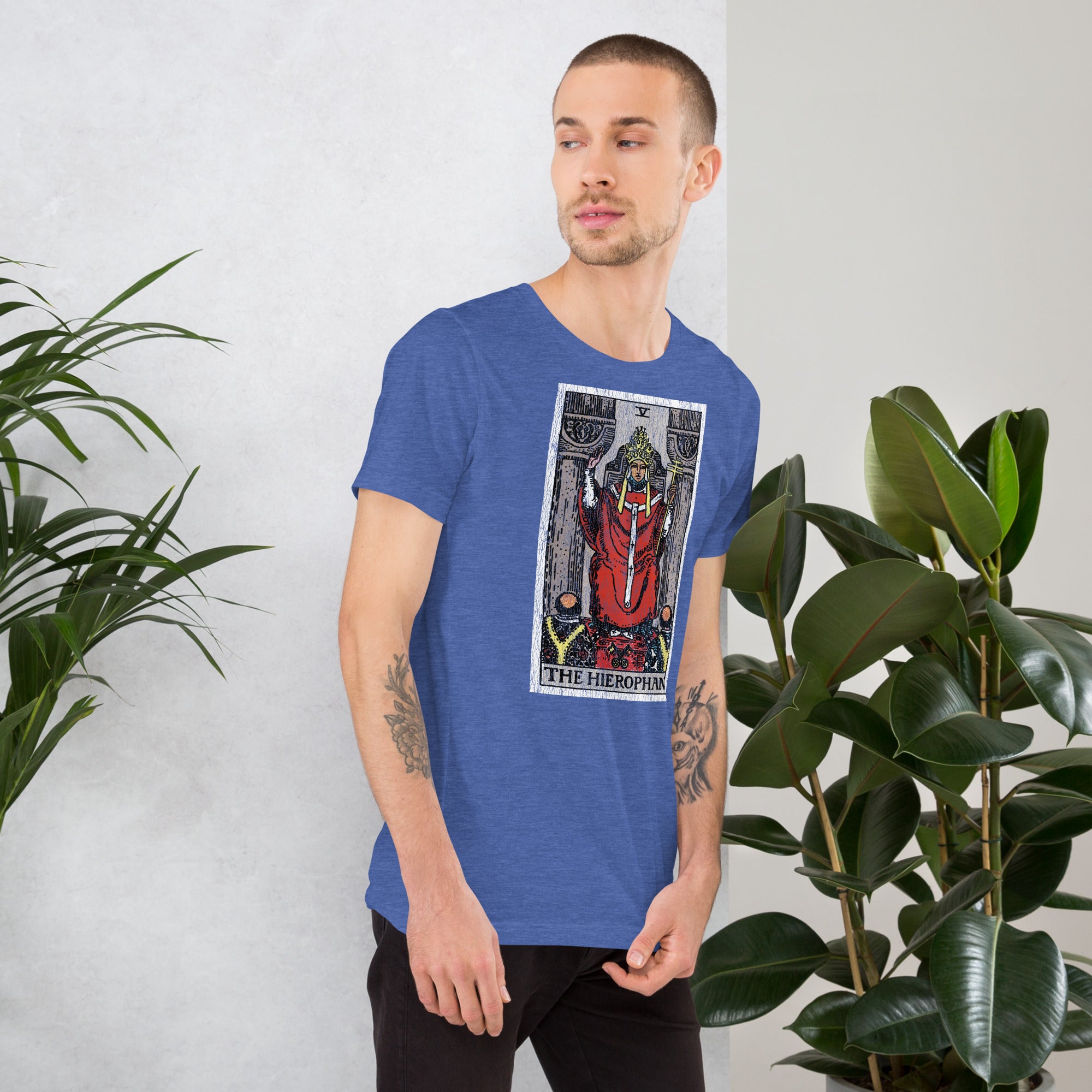 The Hierophant tarot card, triple-crowned figure seated between pillars with crossed keys and kneeling acolytes, Rider-Waite style, Artificial Perdition