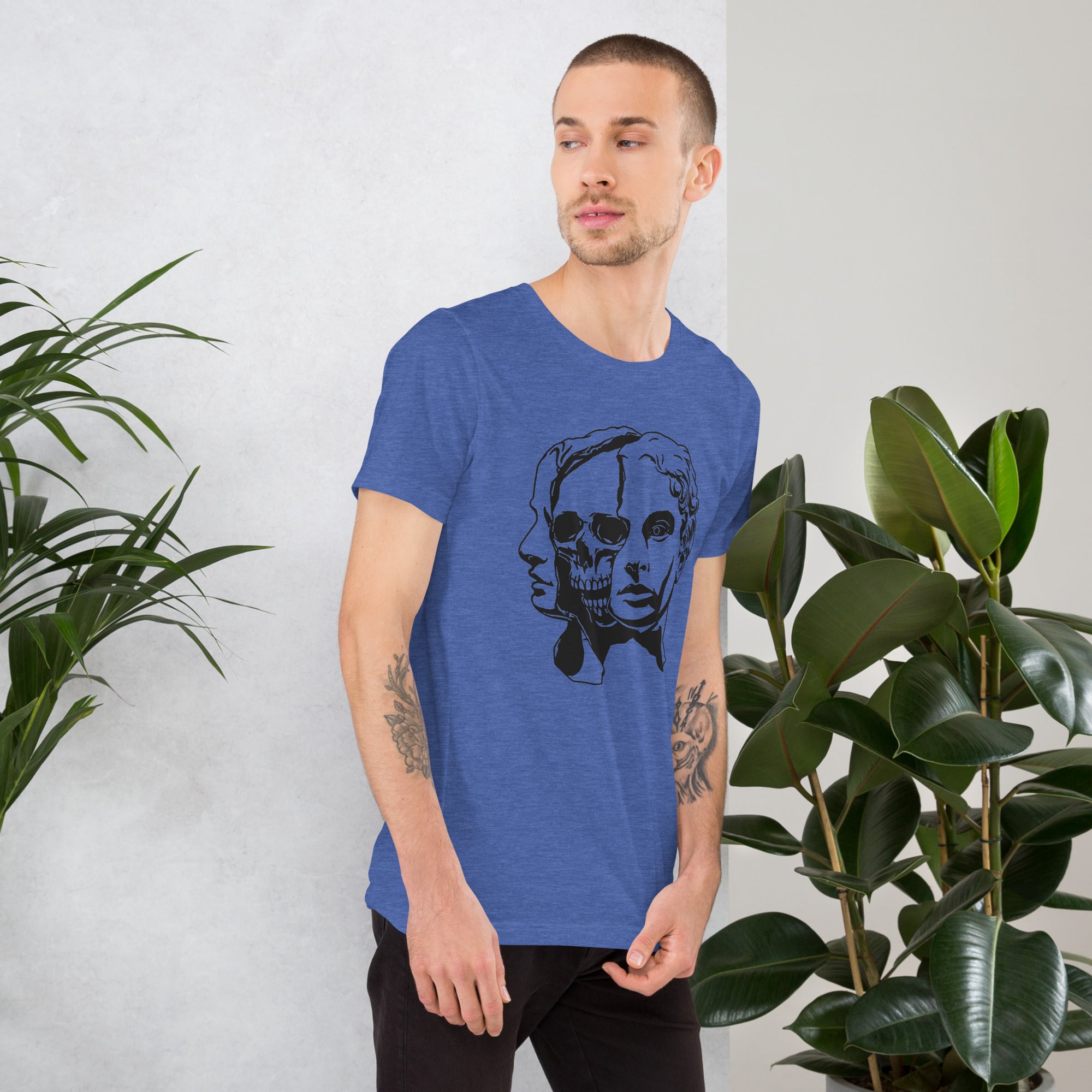 Split face illustration, half classical sculpture bust and half skull, black and white high contrast, Dead Inside, Artificial Perdition apparel