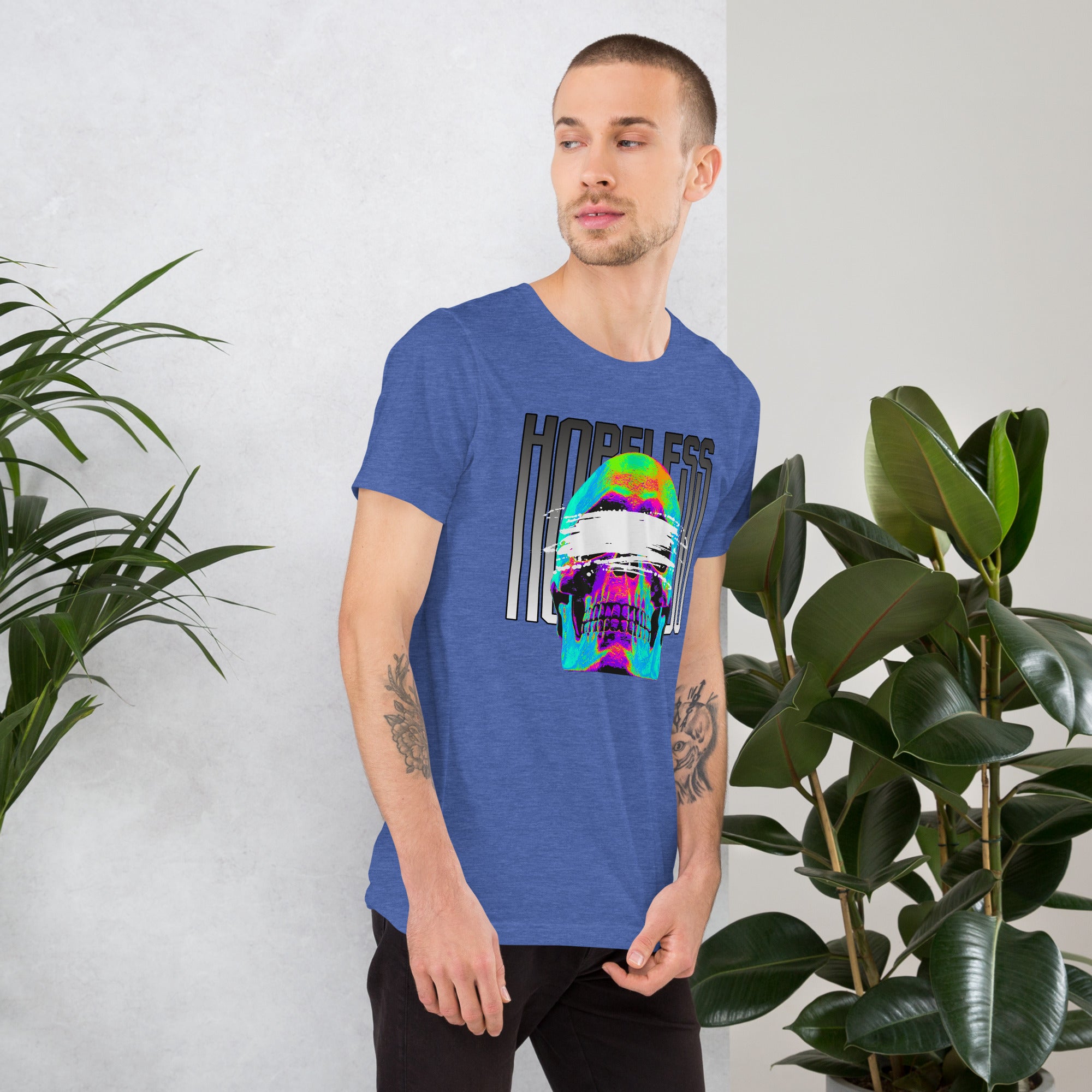 Blindfolded skull in thermal heat-map colors with bold chrome HOPELESS text, psychological horror design, Artificial Perdition apparel