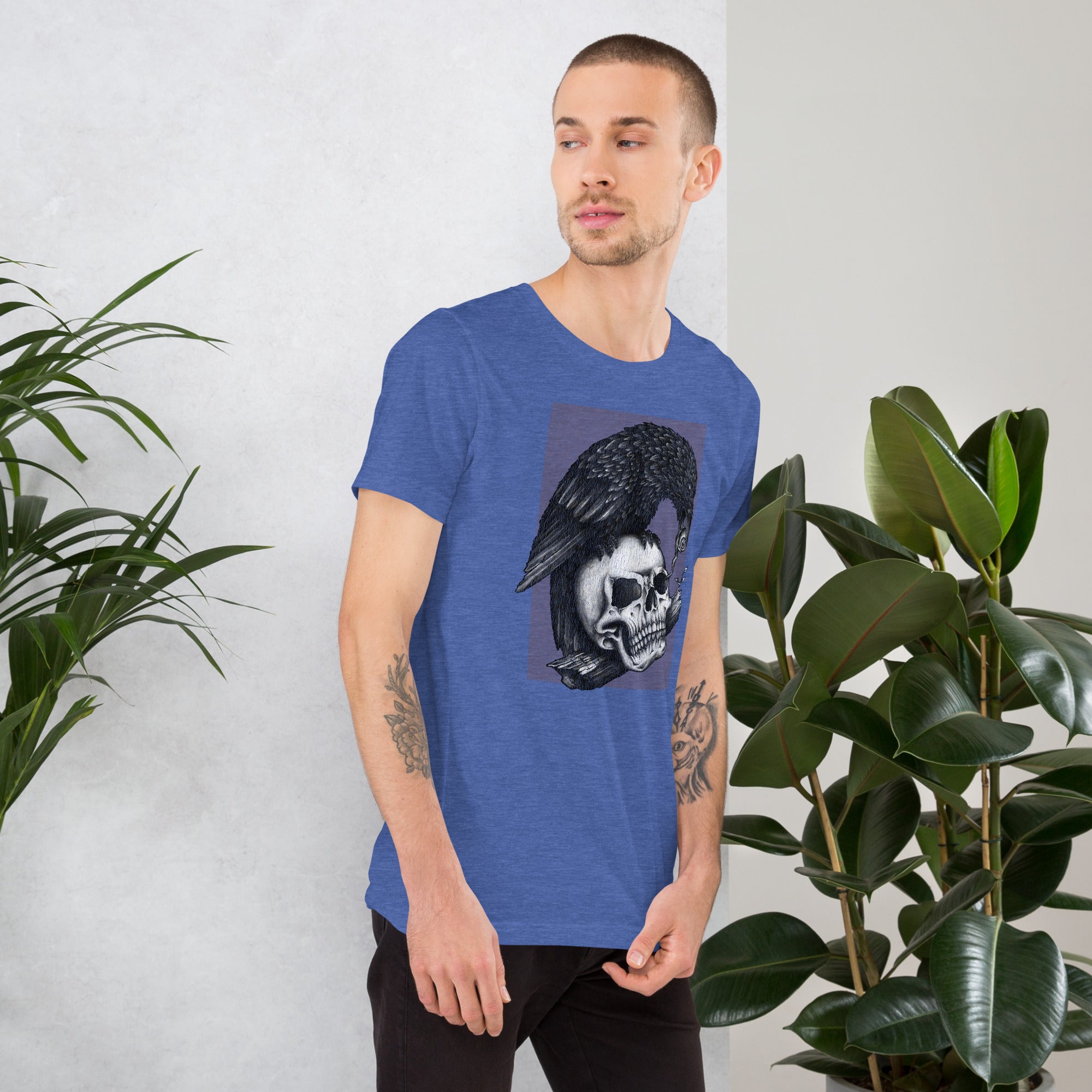 Graphite illustration of a black corvid perched on a human skull removing the eye, sprouting branch beside it, Last Look, Artificial Perdition apparel