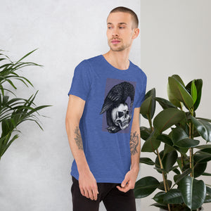 Graphite illustration of a black corvid perched on a human skull removing the eye, sprouting branch beside it, Last Look, Artificial Perdition apparel