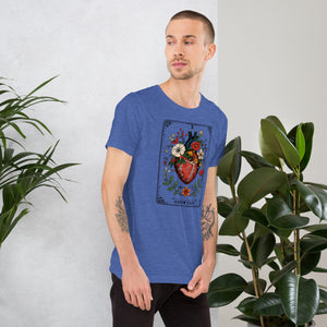 Tarot card illustration numbered X with an anatomical heart in bloom surrounded by wildflowers and vines, Amor Fati, Artificial Perdition apparel