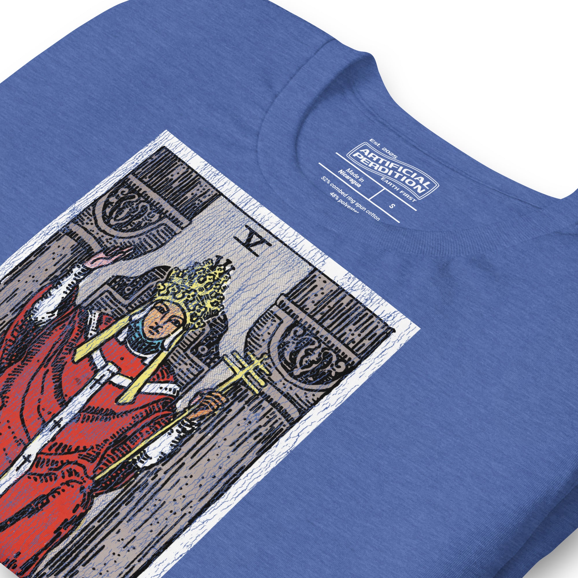 The Hierophant tarot card, triple-crowned figure seated between pillars with crossed keys and kneeling acolytes, Rider-Waite style, Artificial Perdition