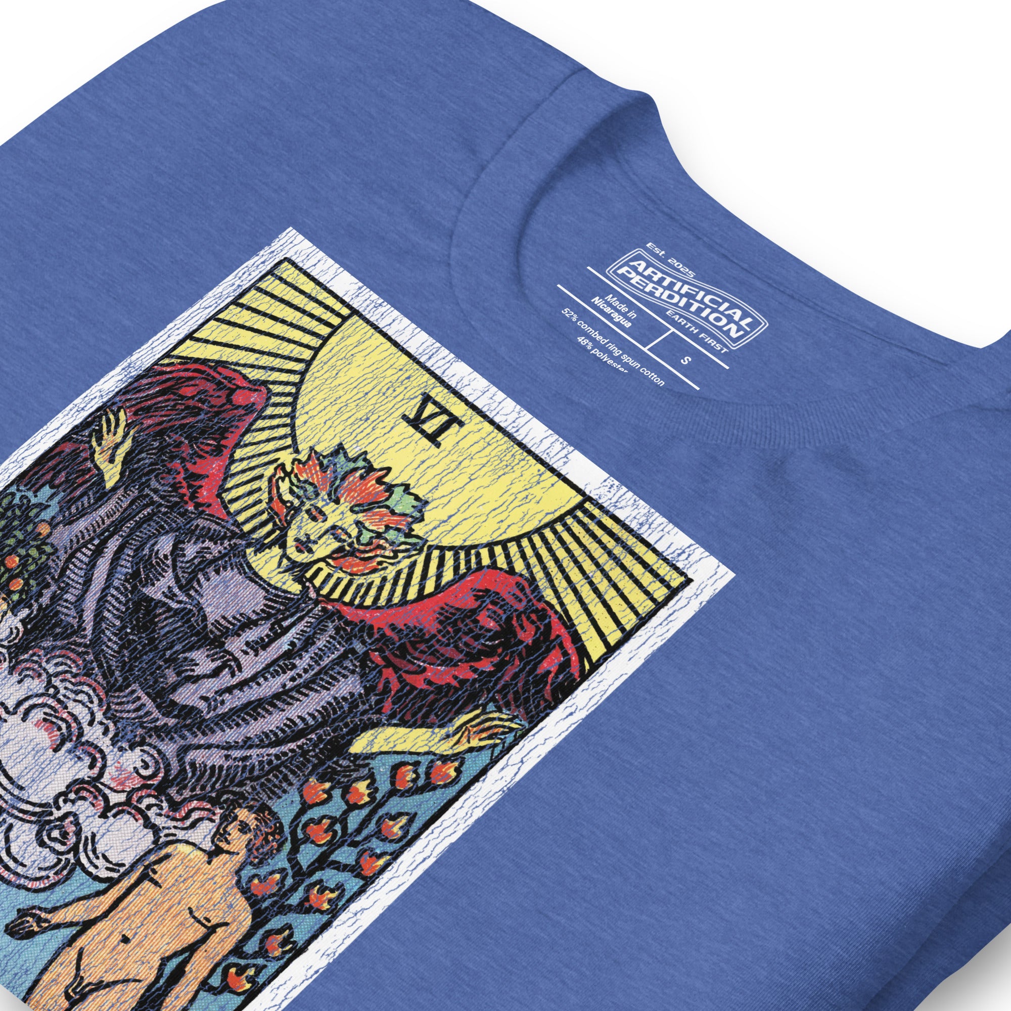 The Lovers tarot card, unveiled man and woman beneath winged figure with Tree of Life and serpent-wrapped Tree of Knowledge, Rider-Waite style, Artificial Perdition