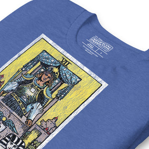 The Chariot tarot card, armored figure with starred crown riding chariot drawn by black and white sphinxes, city walls behind, Rider-Waite style, Artificial Perdition
