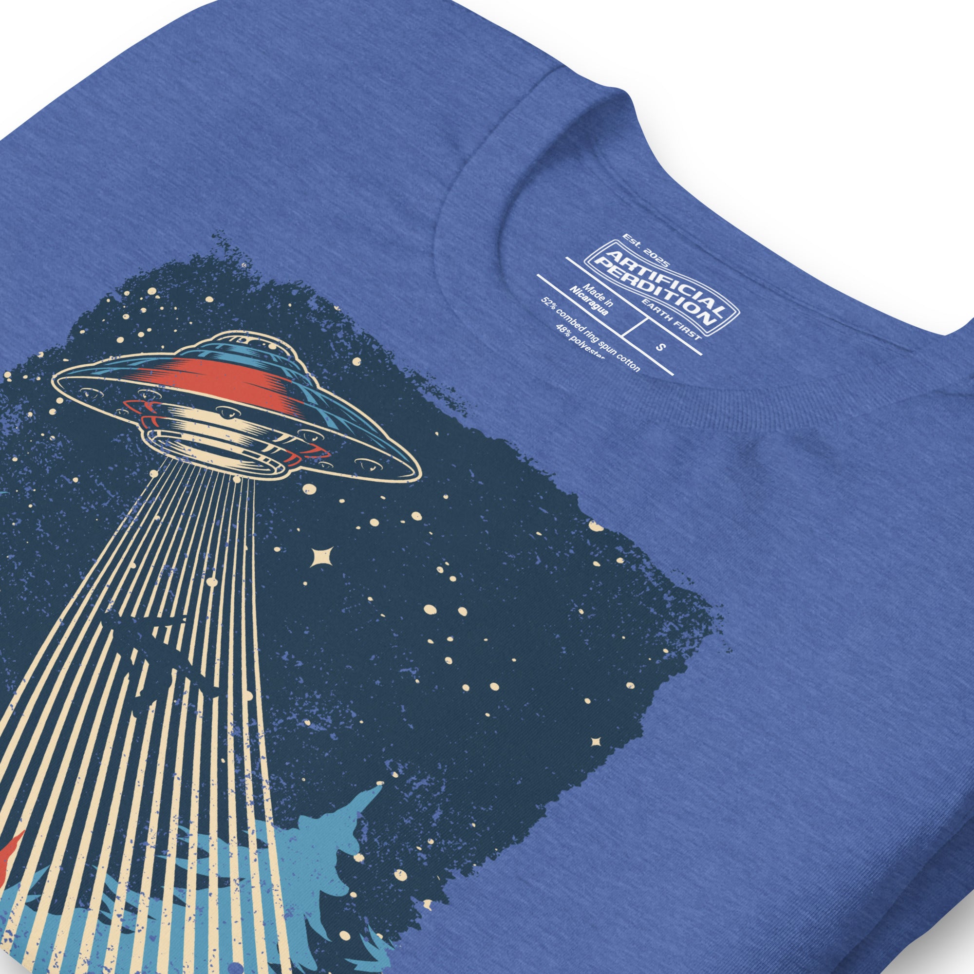 Retro poster style UFO beaming down into a midnight forest with I WANT TO LEAVE text, red and blue palette, Artificial Perdition apparel