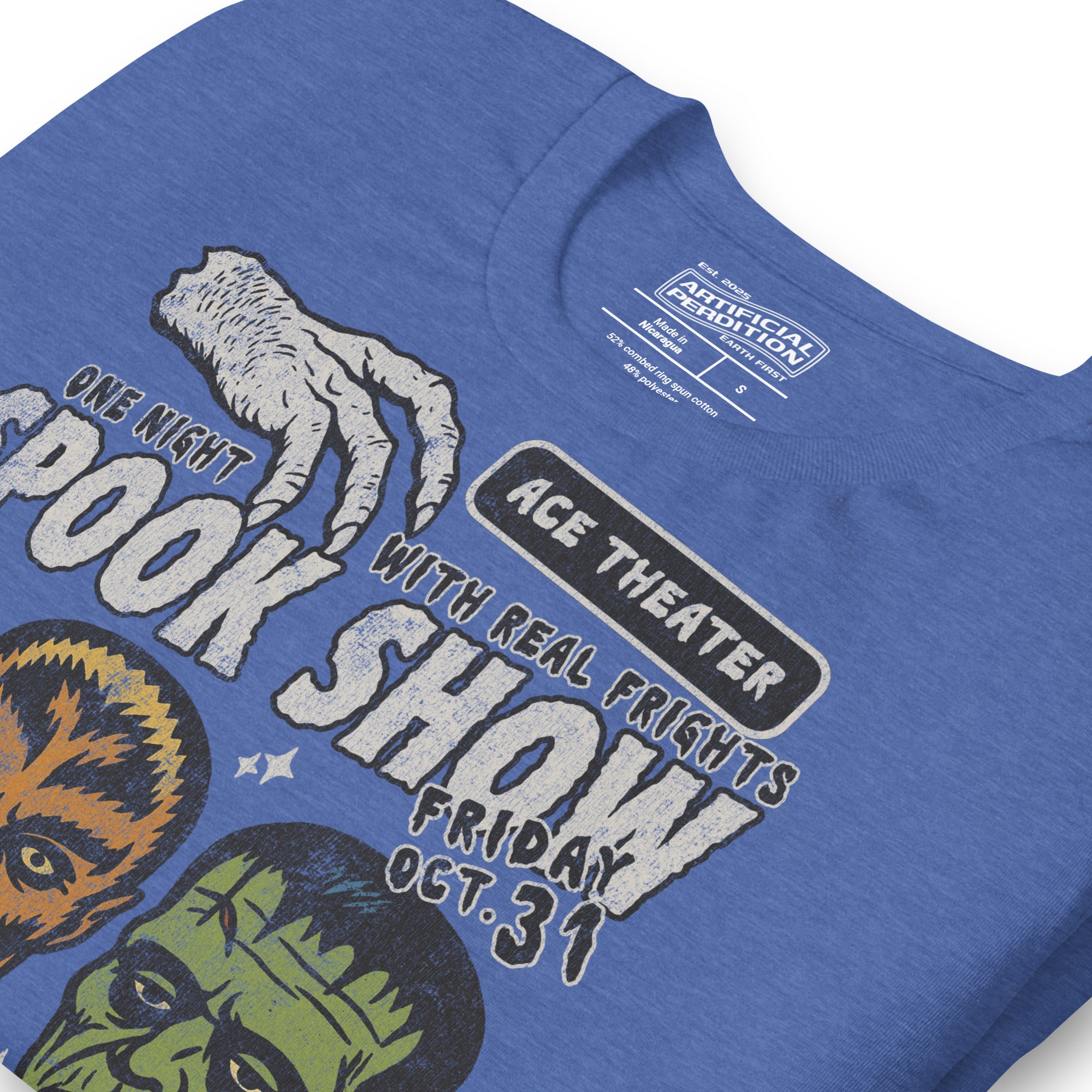 Vintage spook show poster style back print with three classic monster faces and Midnight Spook Show text, retro Halloween design, Artificial Perdition apparel
