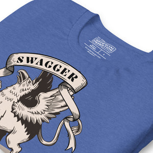 Rampant griffin in heraldic engraving style with Swagger banner ribbon, cream and black illustration, Artificial Perdition apparel
