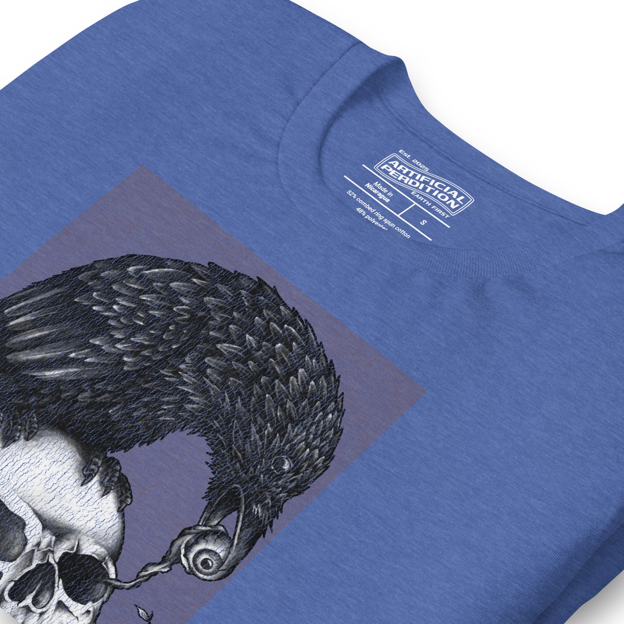 Graphite illustration of a black corvid perched on a human skull removing the eye, sprouting branch beside it, Last Look, Artificial Perdition apparel
