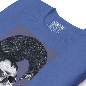 Graphite illustration of a black corvid perched on a human skull removing the eye, sprouting branch beside it, Last Look, Artificial Perdition apparel