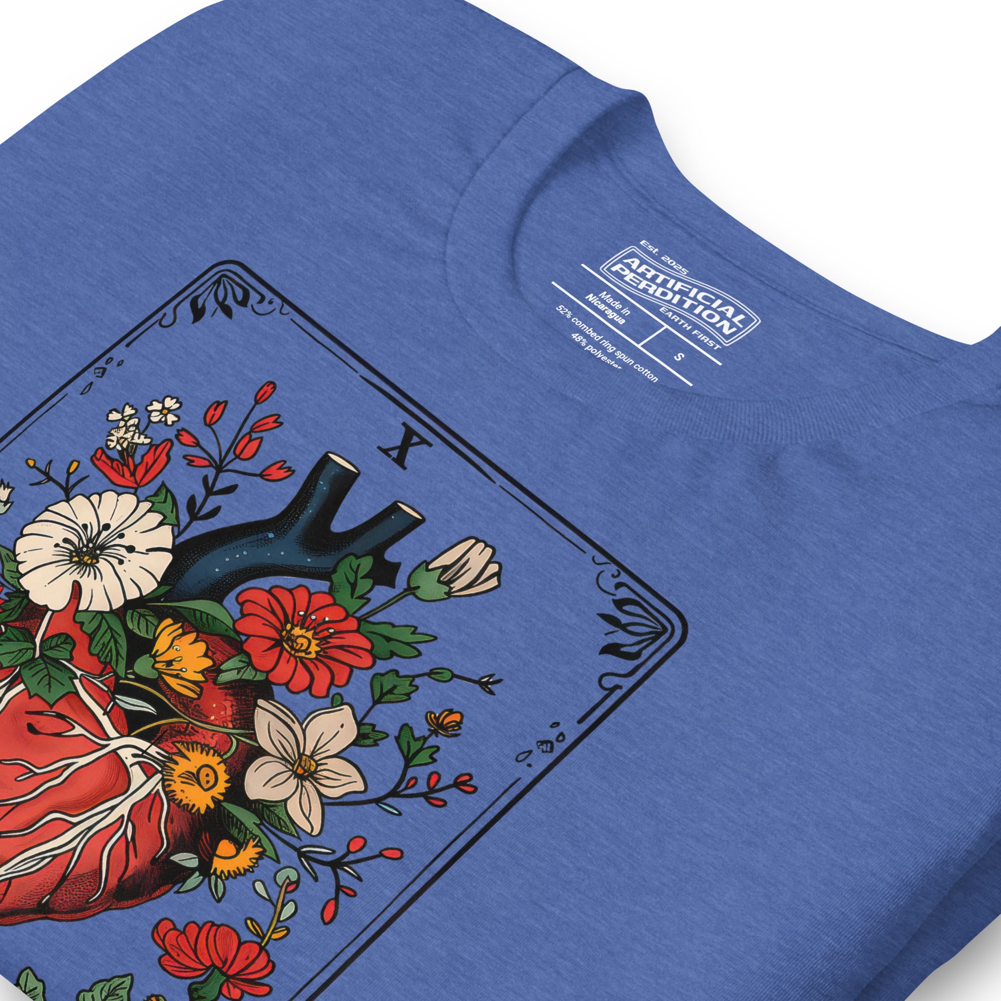 Tarot card illustration numbered X with an anatomical heart in bloom surrounded by wildflowers and vines, Amor Fati, Artificial Perdition apparel