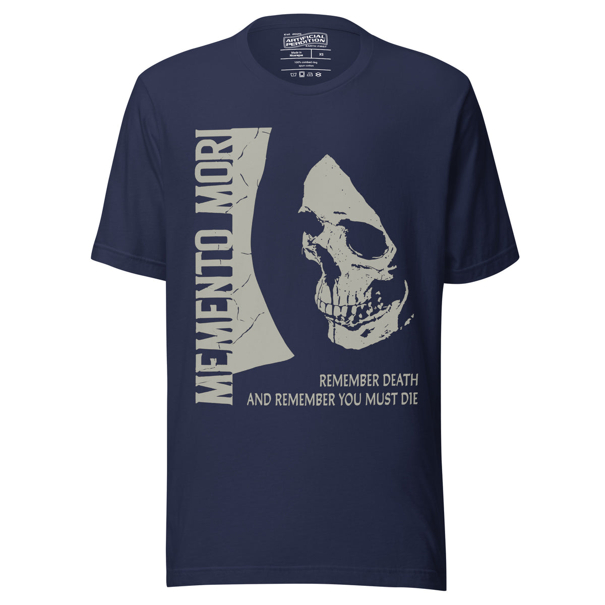Cracked skull illustration in tombstone grey with vertical Memento Mori text and Remember Death translation, Artificial Perdition apparel