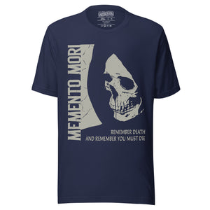 Cracked skull illustration in tombstone grey with vertical Memento Mori text and Remember Death translation, Artificial Perdition apparel