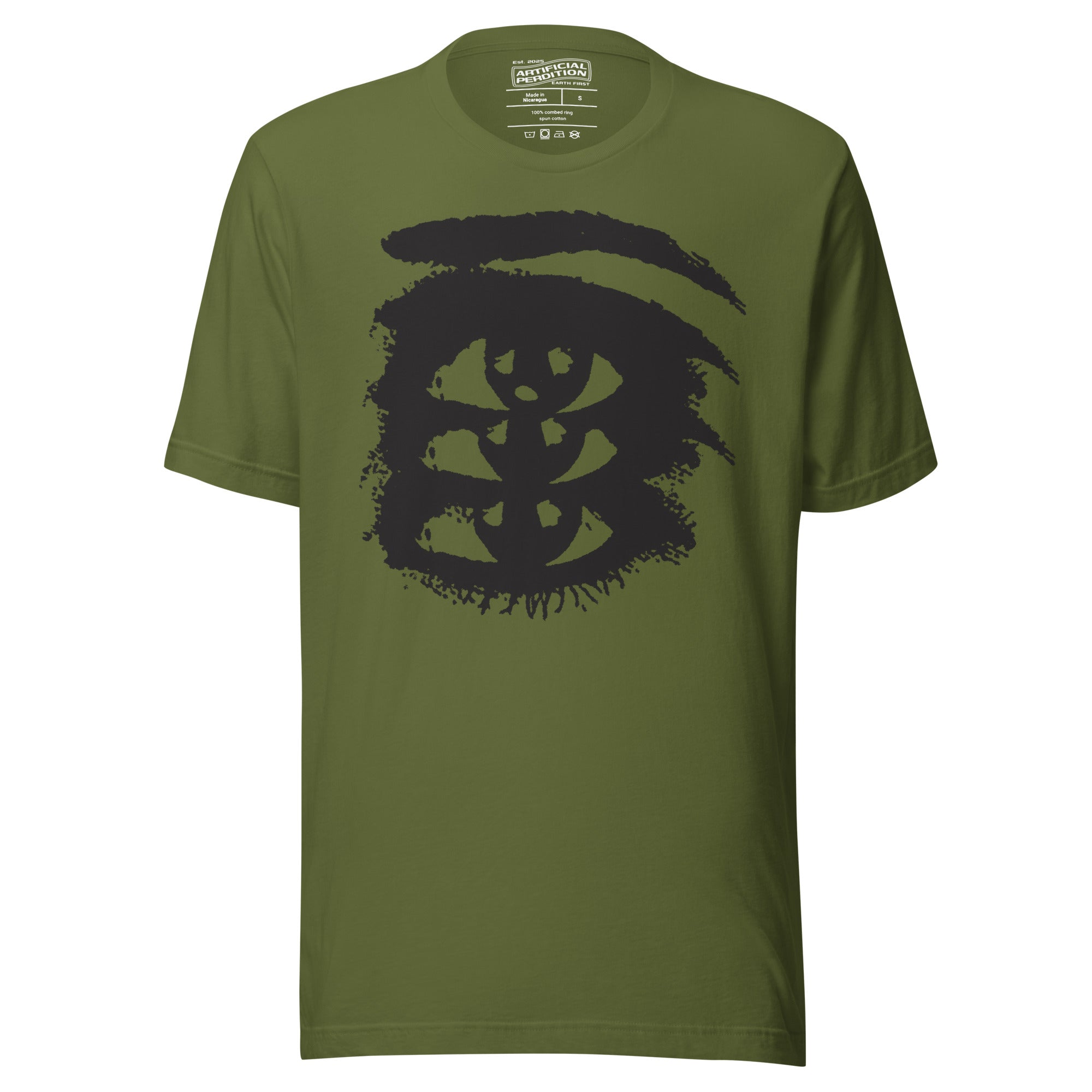 Rough ink brush stroke eye illustration in black and white, Thousand Yard Stare, high contrast graphic design, Artificial Perdition apparel