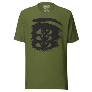Rough ink brush stroke eye illustration in black and white, Thousand Yard Stare, high contrast graphic design, Artificial Perdition apparel