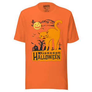 Orange arched Halloween cat hissing in graveyard scene with jack-o-lantern moon and bats, vintage poster style, Hissy Halloween, Artificial Perdition apparel