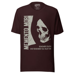 Cracked skull illustration in tombstone grey with vertical Memento Mori text and Remember Death translation, Artificial Perdition apparel