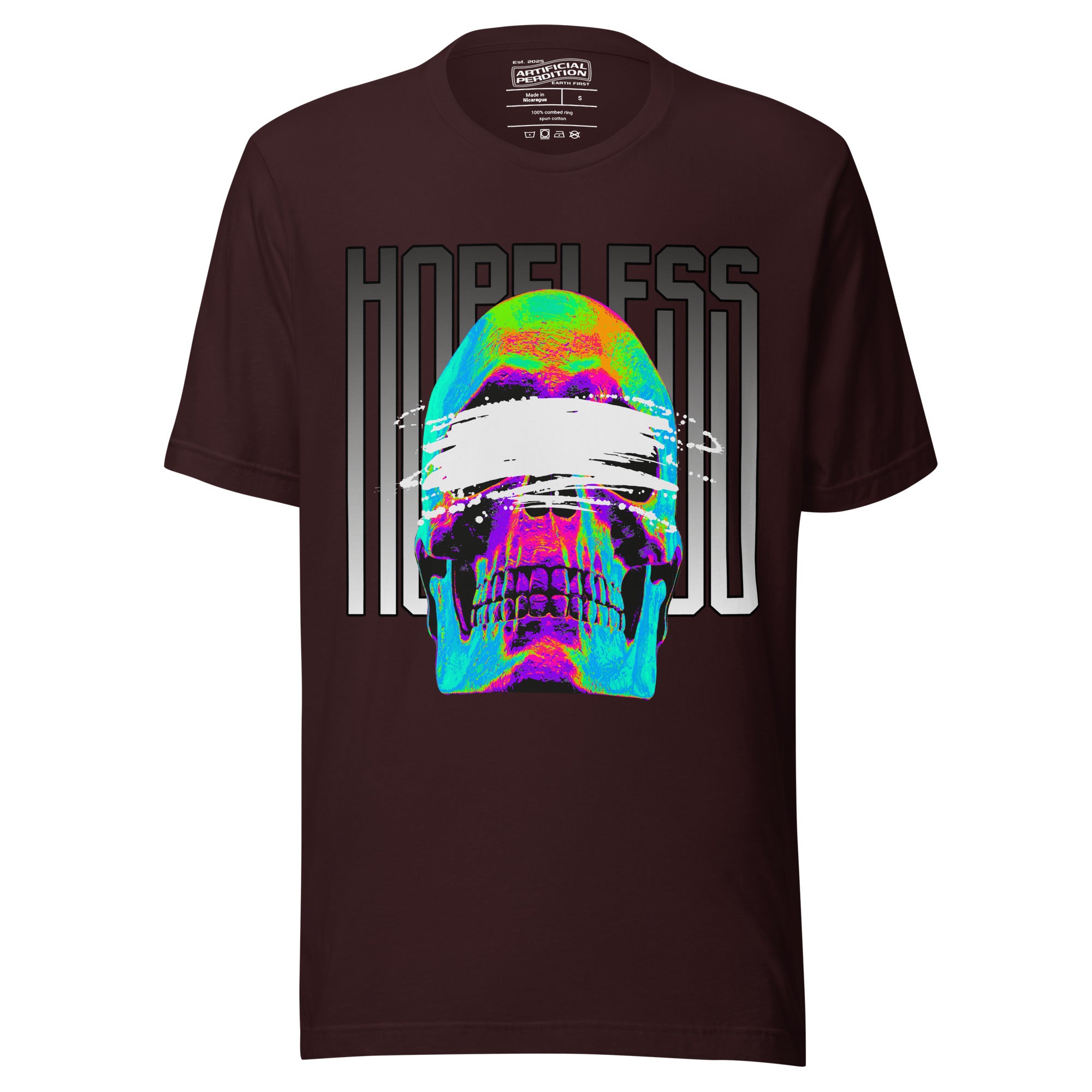 Blindfolded skull in thermal heat-map colors with bold chrome HOPELESS text, psychological horror design, Artificial Perdition apparel