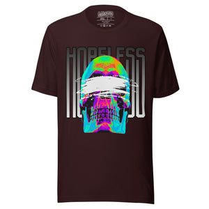 Blindfolded skull in thermal heat-map colors with bold chrome HOPELESS text, psychological horror design, Artificial Perdition apparel