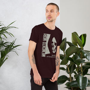 Cracked skull illustration in tombstone grey with vertical Memento Mori text and Remember Death translation, Artificial Perdition apparel