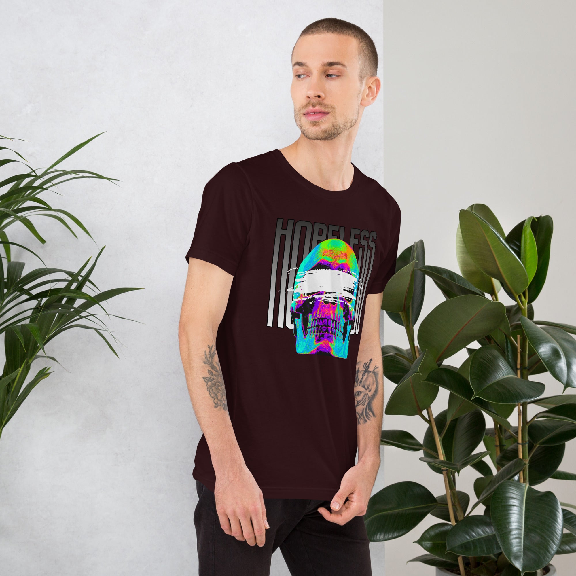 Blindfolded skull in thermal heat-map colors with bold chrome HOPELESS text, psychological horror design, Artificial Perdition apparel